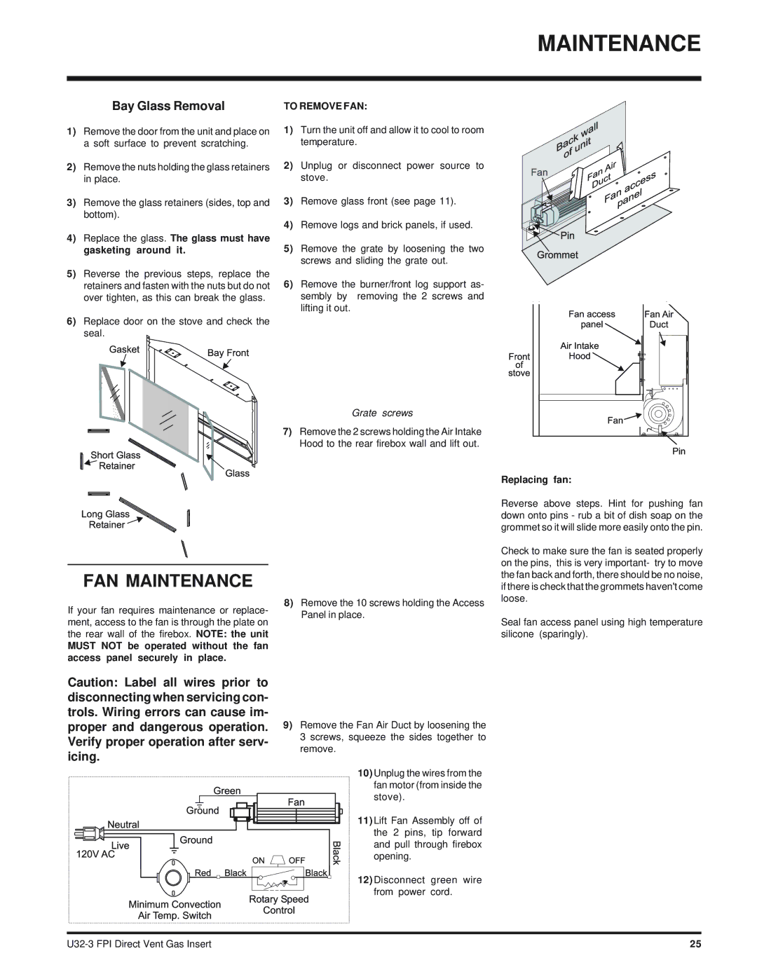 Regency U32-NG3 installation manual FAN Maintenance, Grate screws, Replacing fan 