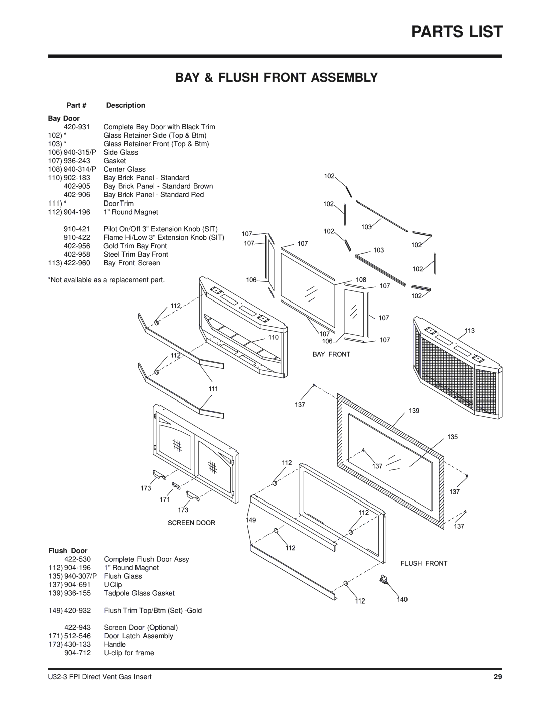 Regency U32-NG3 installation manual Bay Door, Flush Door 