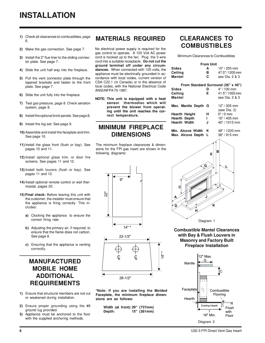 Regency U32-NG3 installation manual Materials Required, Minimum Fireplace Dimensions Clearances to Combustibles 