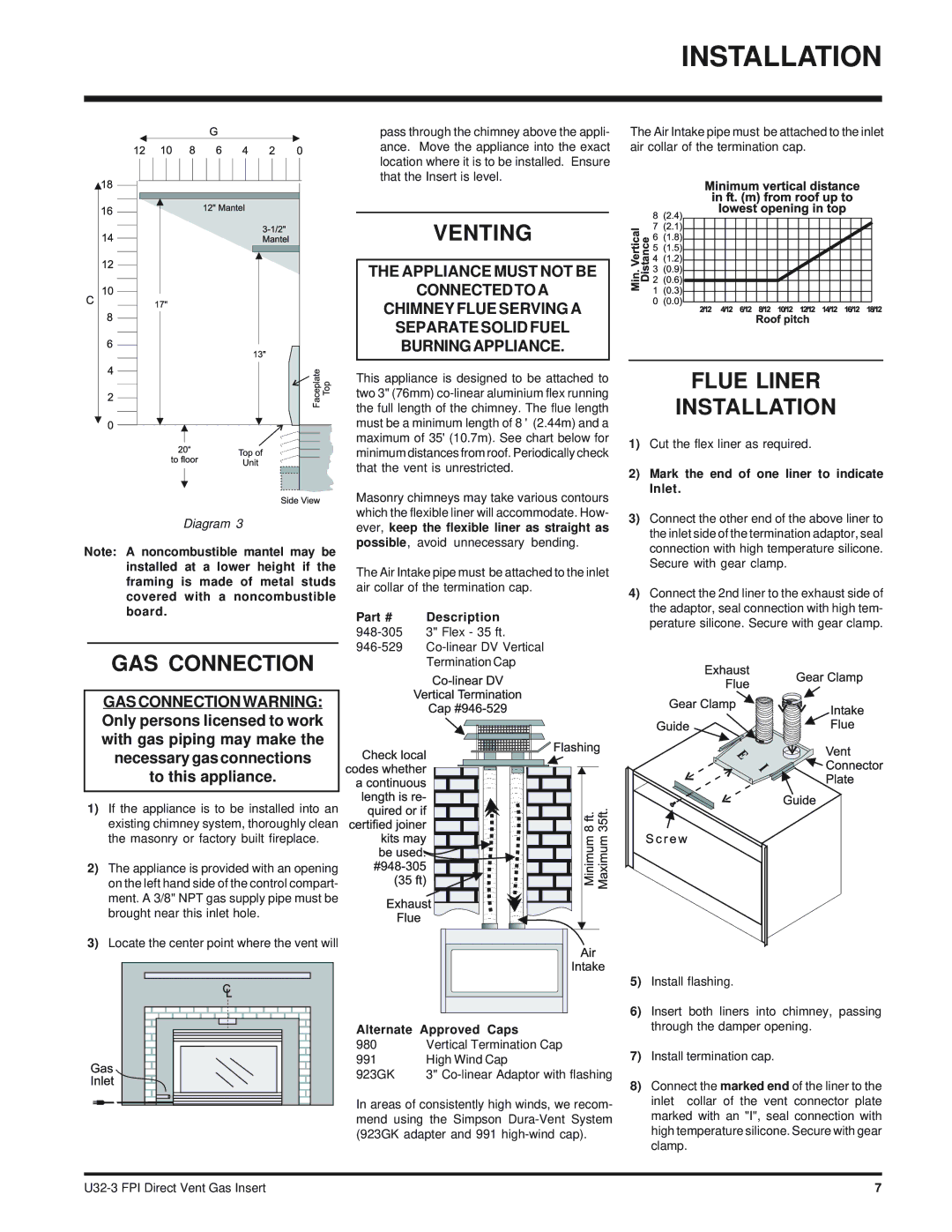 Regency U32-NG3 installation manual GAS Connection, Venting, Flue Liner Installation 