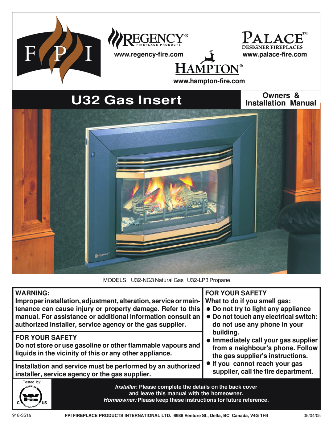 Regency U32-NG3 installation manual U32 Gas Insert, Owners, Installation Manual 