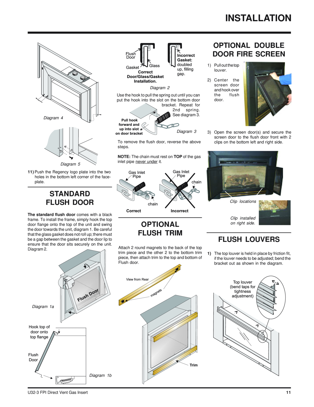 Regency U32-NG3 installation manual Optional Double Door Fire Screen, Standard Flush Door, Flush Trim, Flush Louvers 