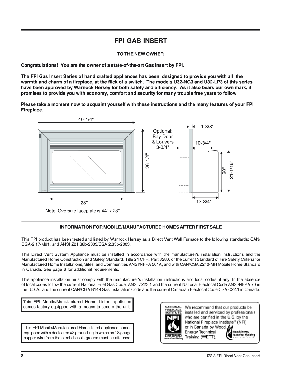 Regency U32-NG3 installation manual Fpi Gas Insert, To The New Owner 