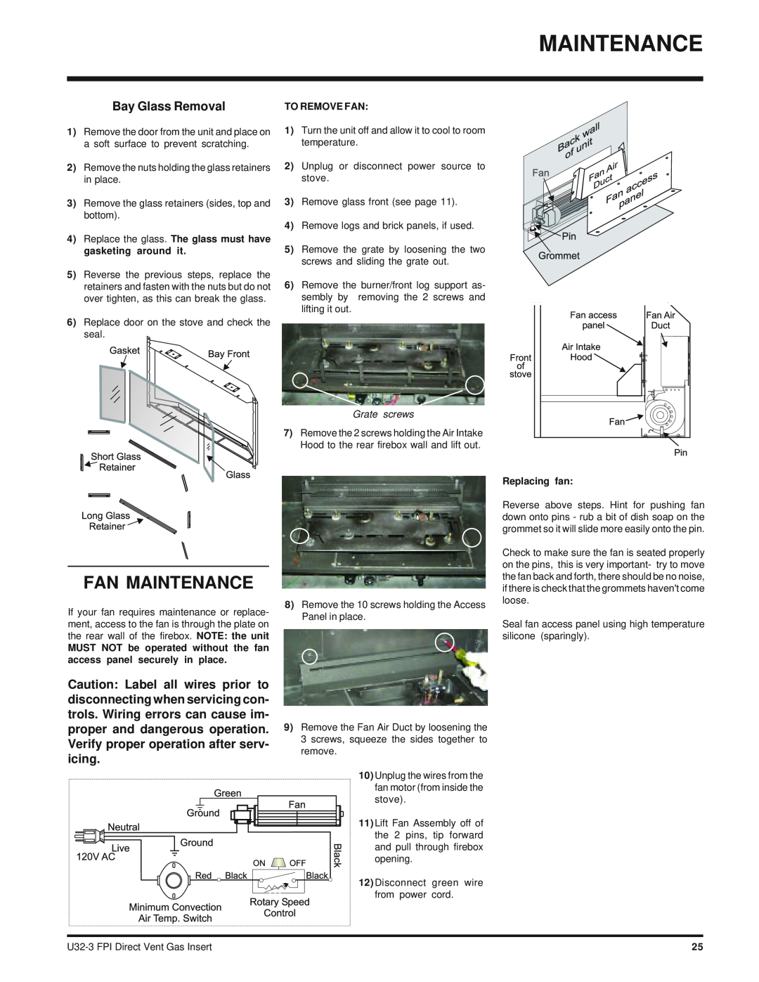 Regency U32-NG3 installation manual Fan Maintenance, Bay Glass Removal 