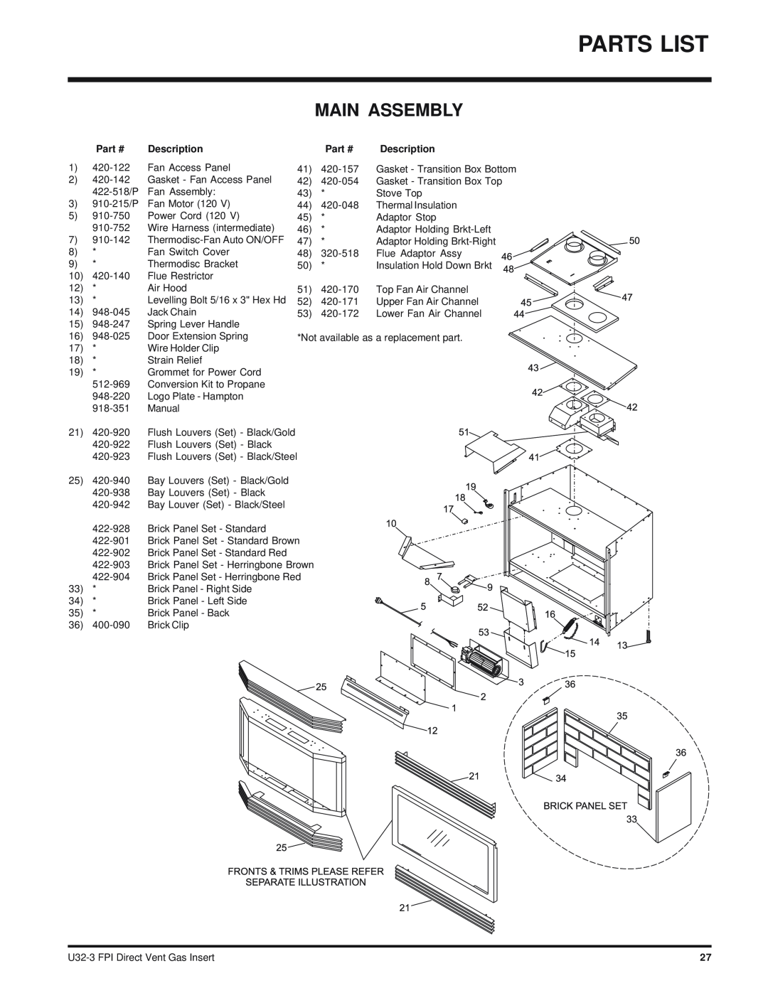 Regency U32-NG3 installation manual Parts List, Main Assembly 