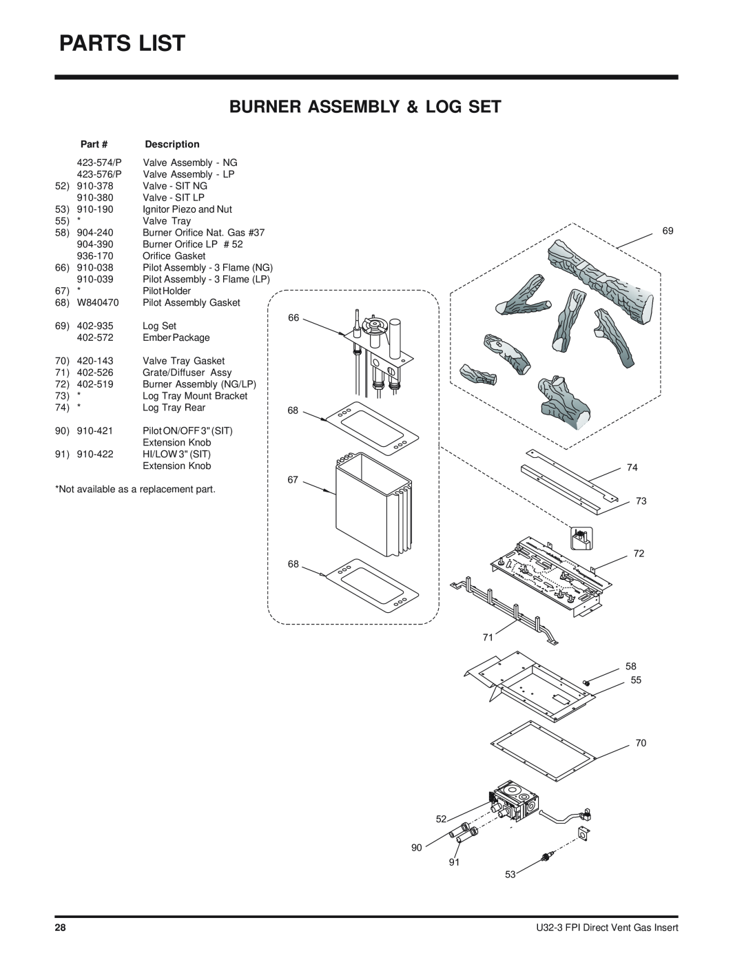 Regency U32-NG3 installation manual Burner Assembly & Log Set, Description 