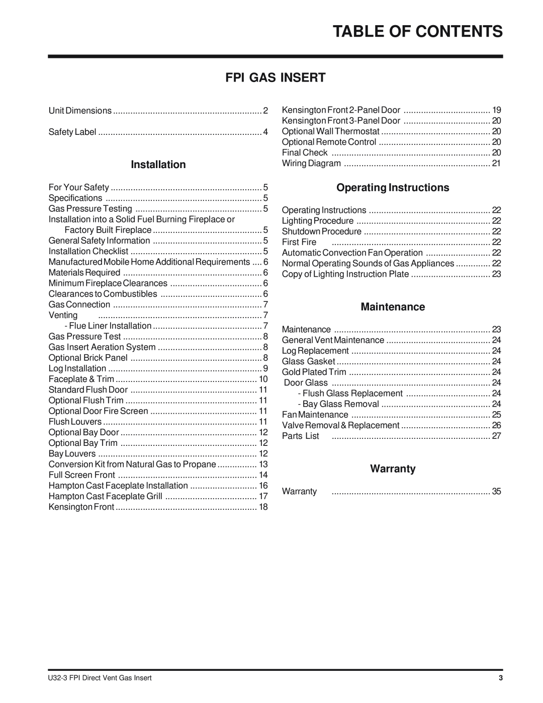 Regency U32-NG3 Table Of Contents, Fpi Gas Insert, Installation, Operating Instructions, Maintenance, Warranty 
