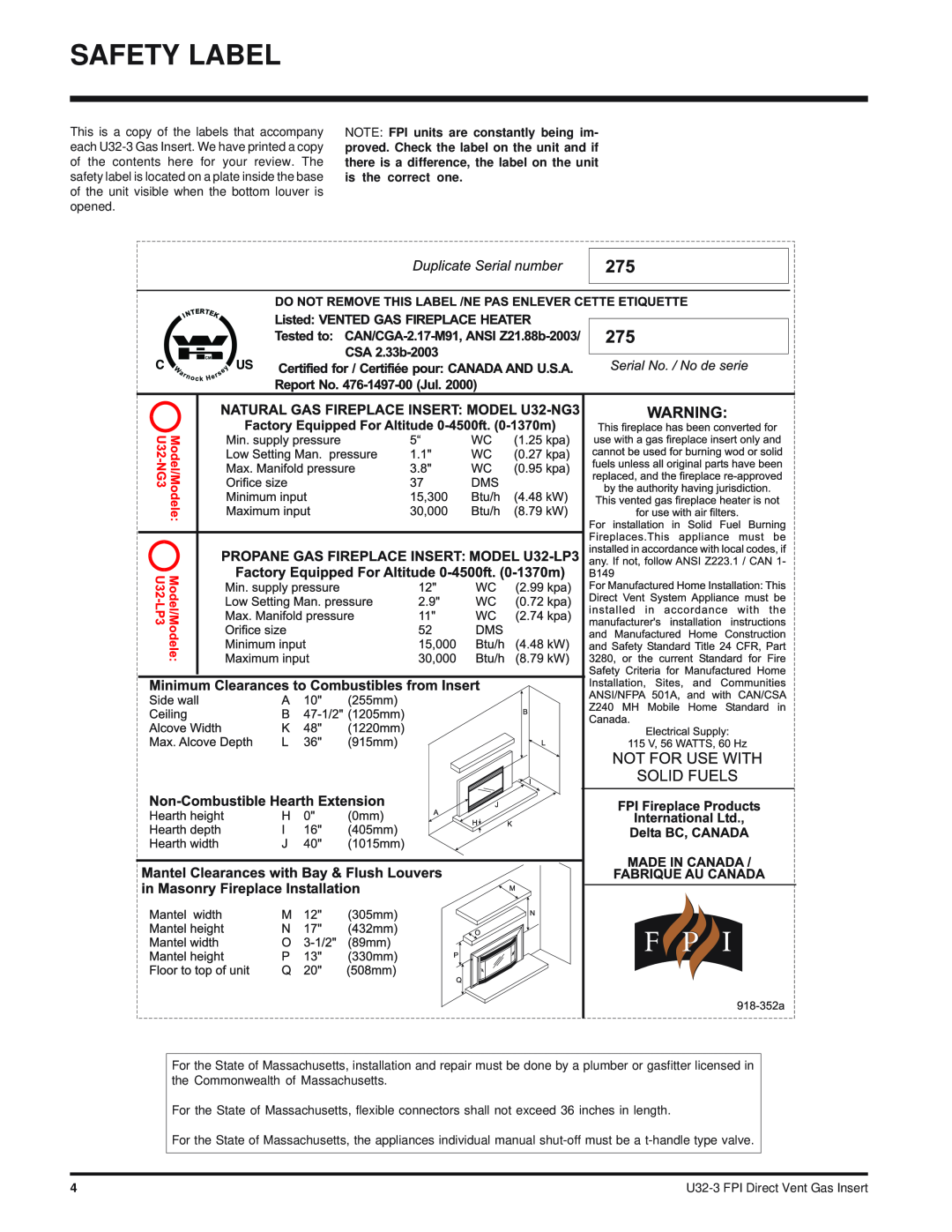 Regency U32-NG3 installation manual Safety Label 