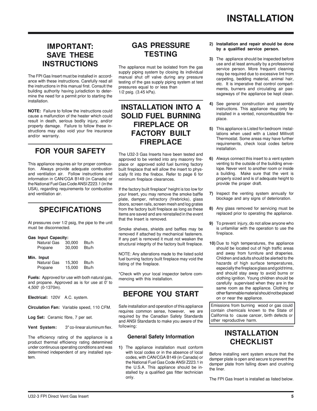 Regency U32-NG3 Save These Instructions, For Your Safety, Specifications, Gas Pressure Testing, Before You Start 