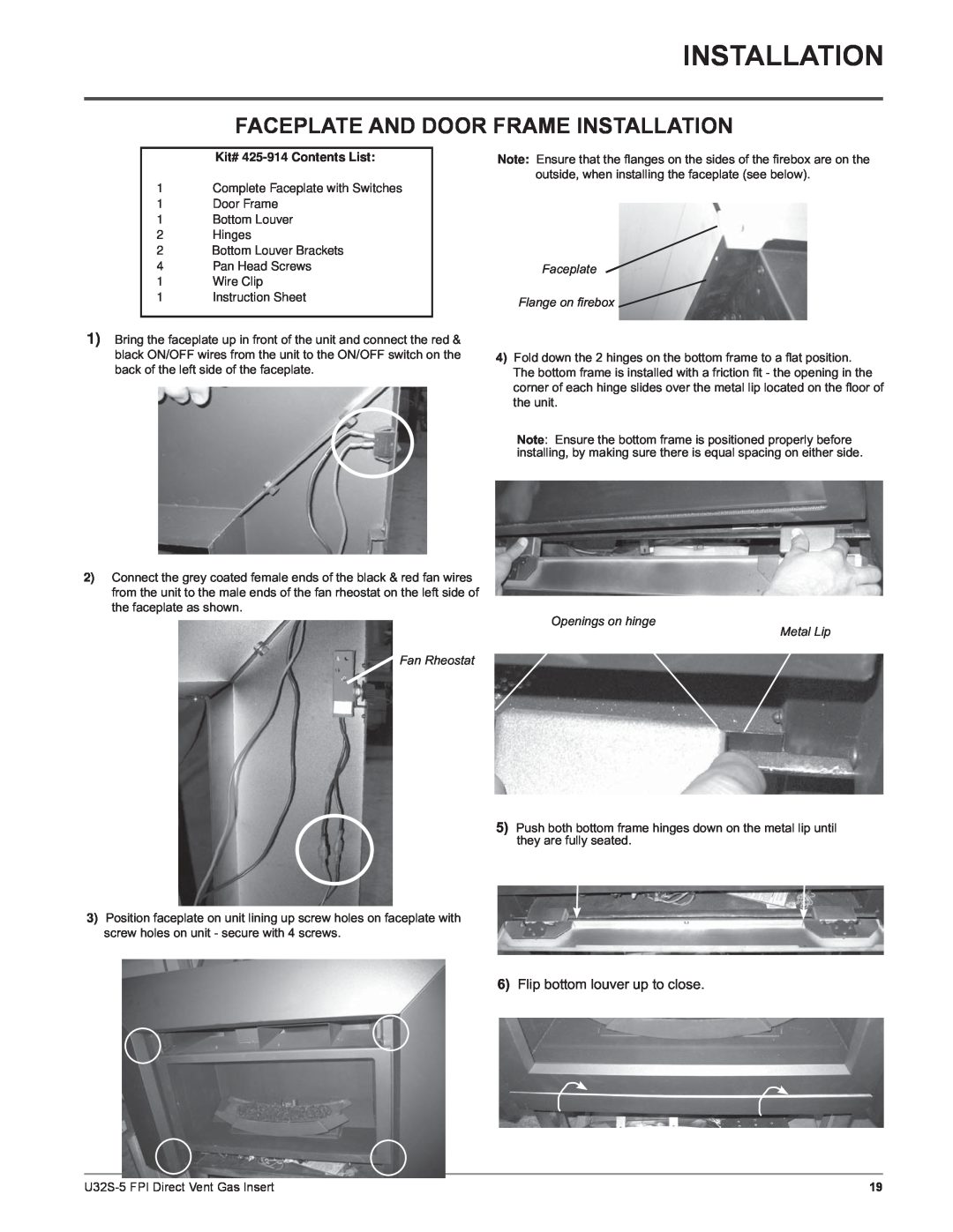Regency U32S-LP5 Faceplate And Door Frame Installation, Kit# 425-914Contents List, Faceplate Flange on ﬁ rebox 