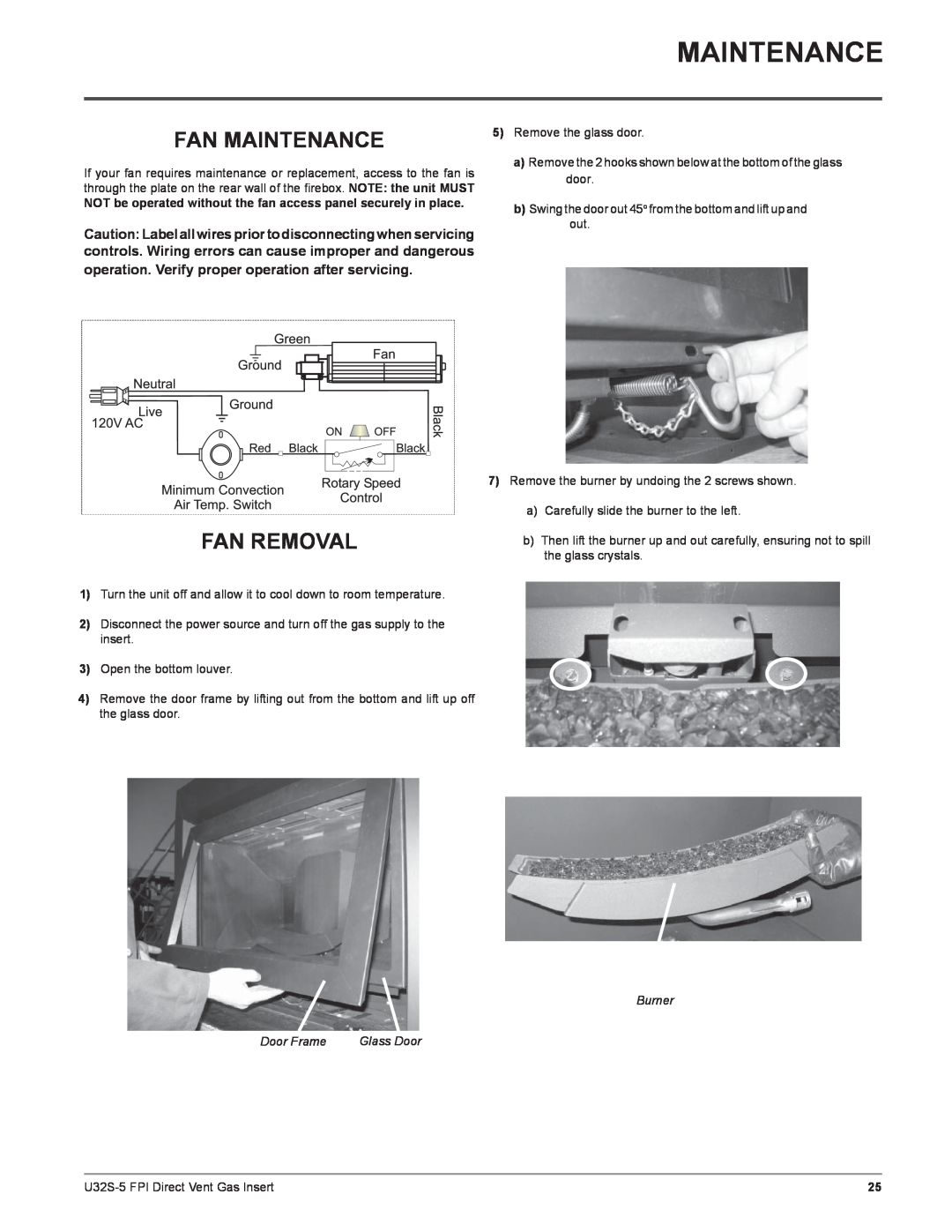 Regency U32S-LP5, U32S-NG5 installation manual Fan Maintenance, Fan Removal, Burner, Door Frame 