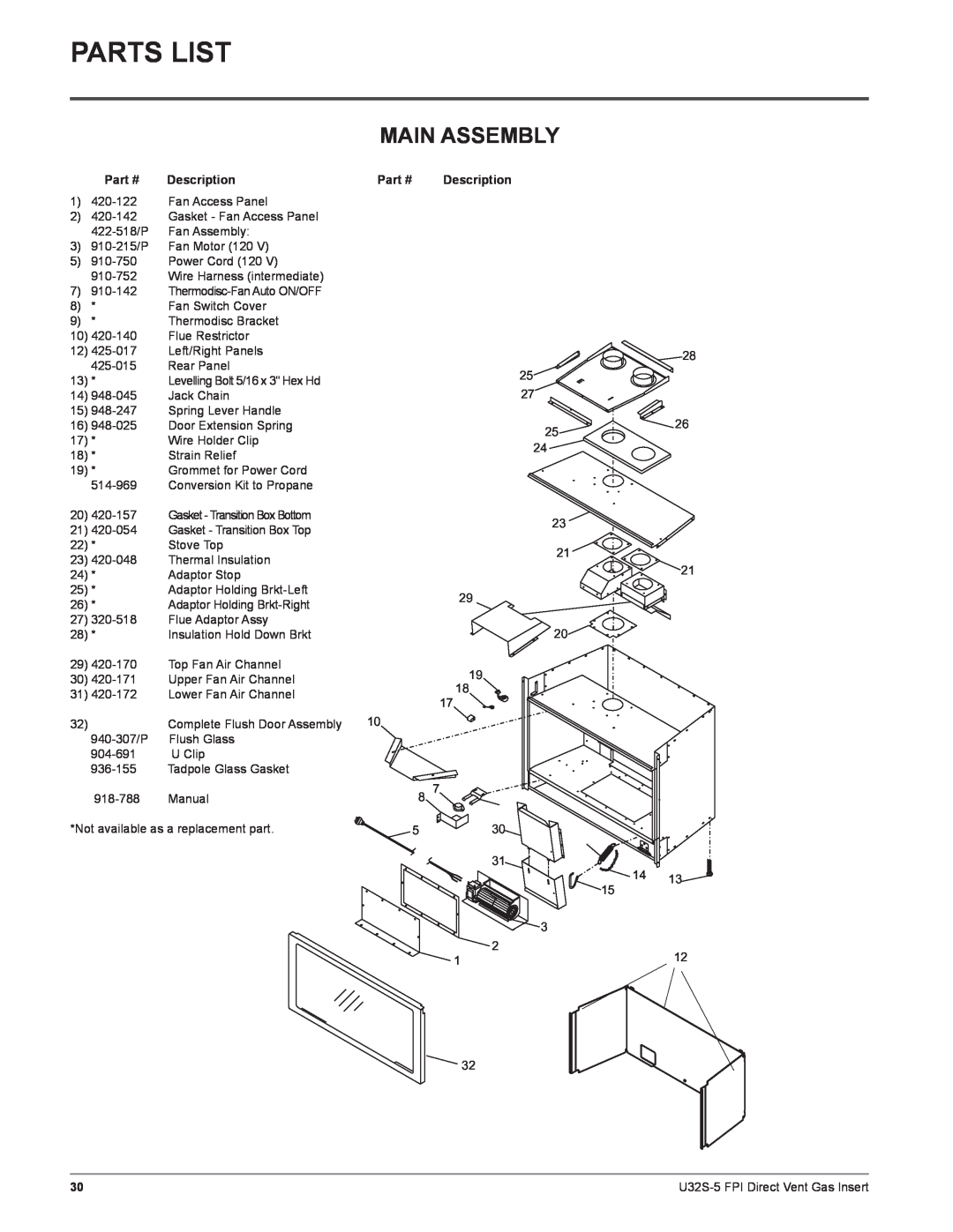 Regency U32S-NG5, U32S-LP5 installation manual Parts List, Main Assembly, Description 