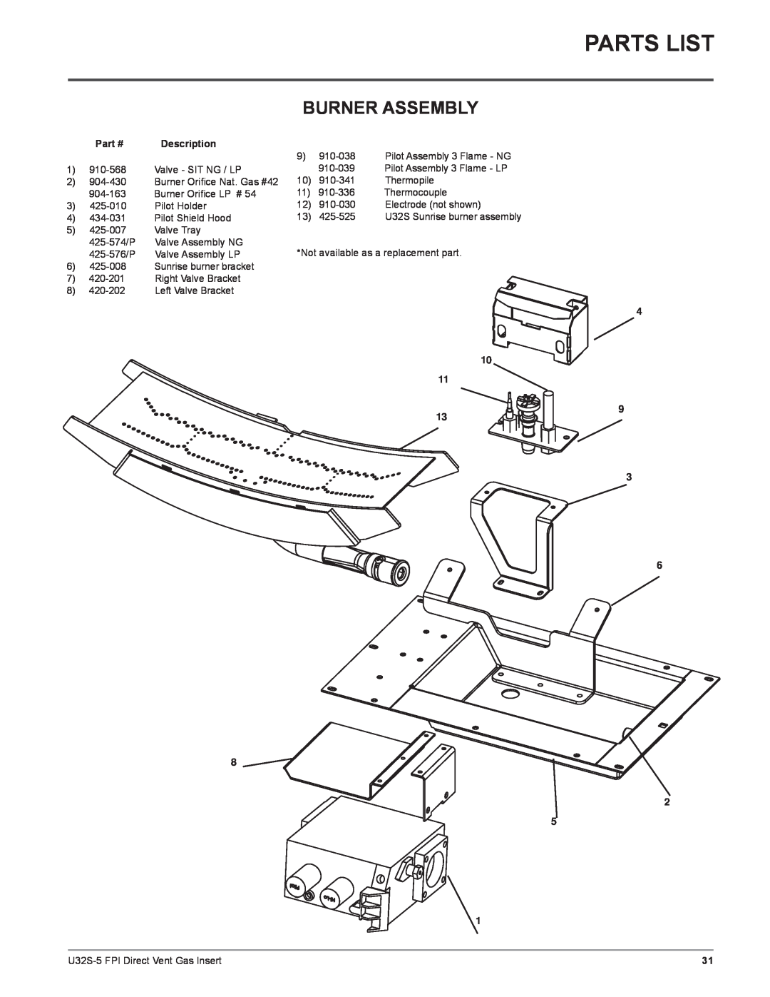 Regency U32S-LP5, U32S-NG5 installation manual Parts List, Burner Assembly, Description, 4 10 11 9 13 