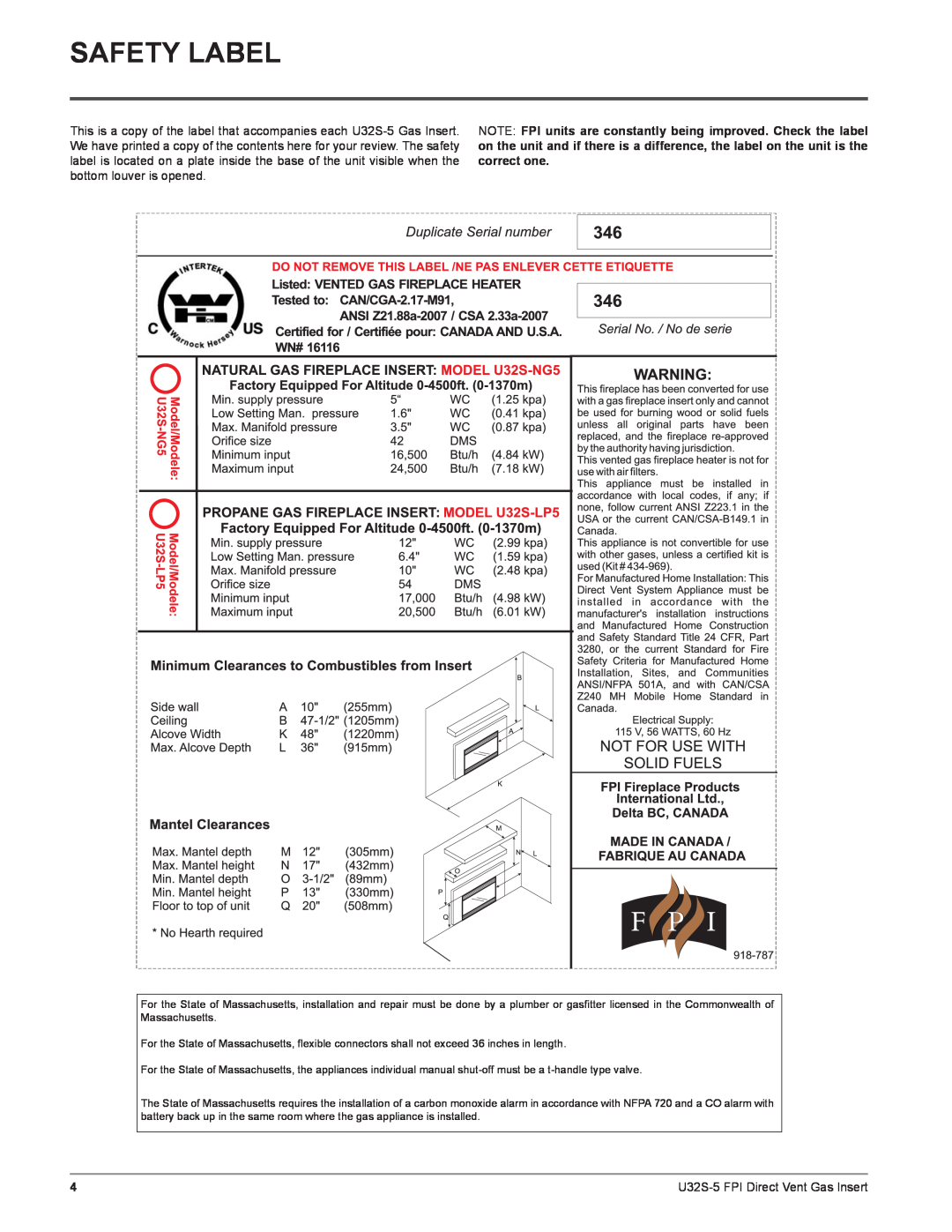 Regency U32S-NG5, U32S-LP5 installation manual Safety Label 