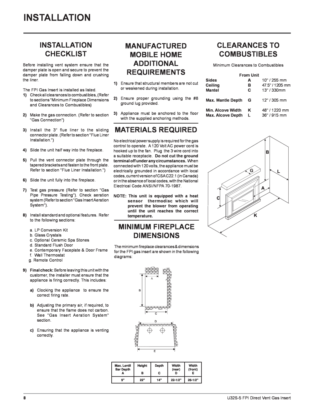 Regency U32S-NG5 Installation Checklist, Manufactured Mobile Home Additional Requirements, Materials Required, Sides 