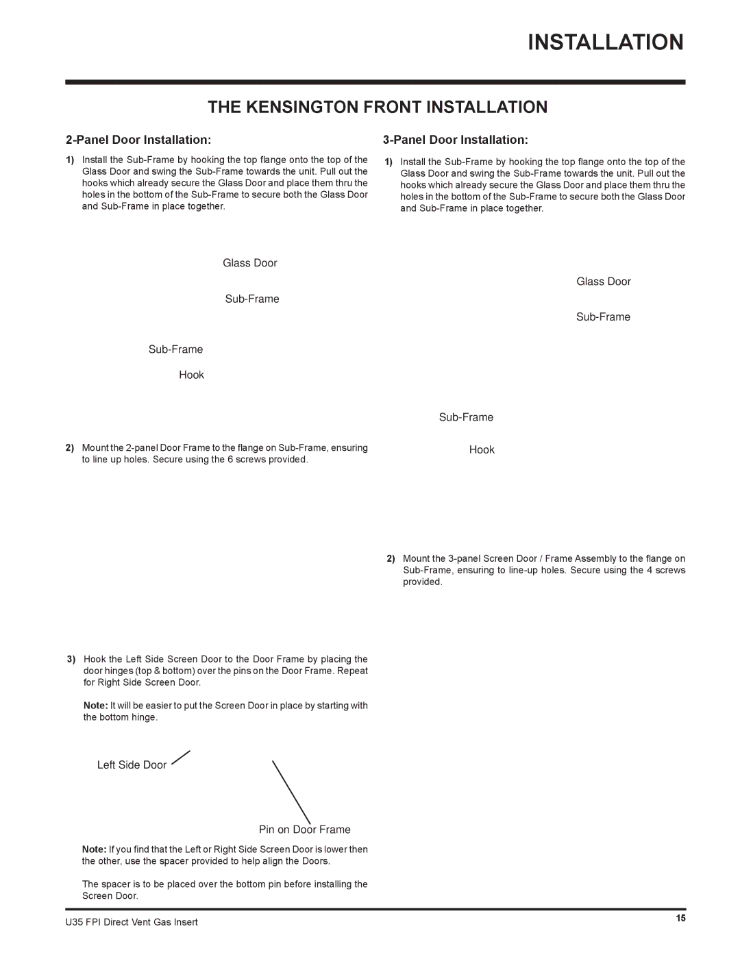 Regency U35-LP1, U35-NG1 installation manual Panel Door Installation, Glass Door Sub-Frame Hook 