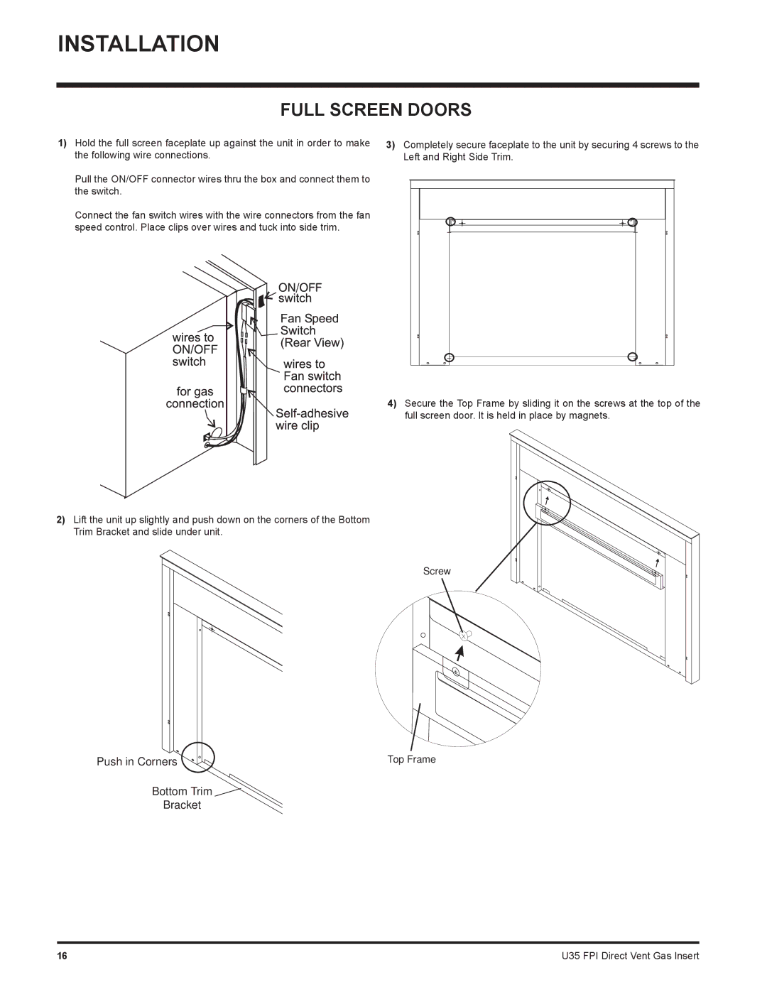 Regency U35-NG1, U35-LP1 installation manual Full Screen Doors 