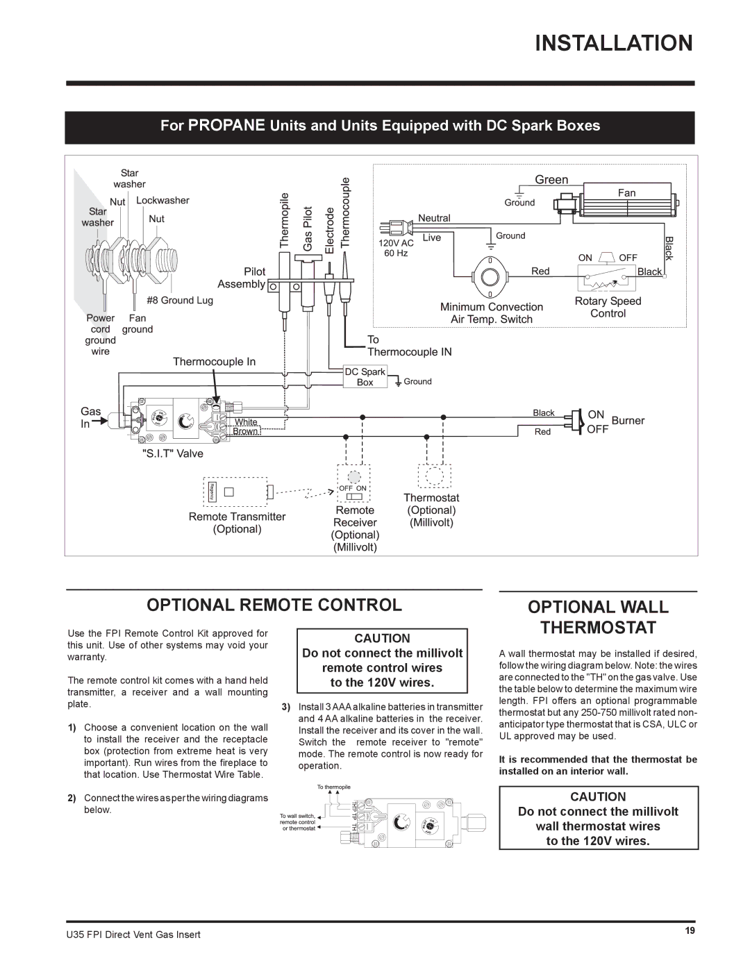 Regency U35-LP1, U35-NG1 installation manual Optional Remote Control Optional Wall, Thermostat 