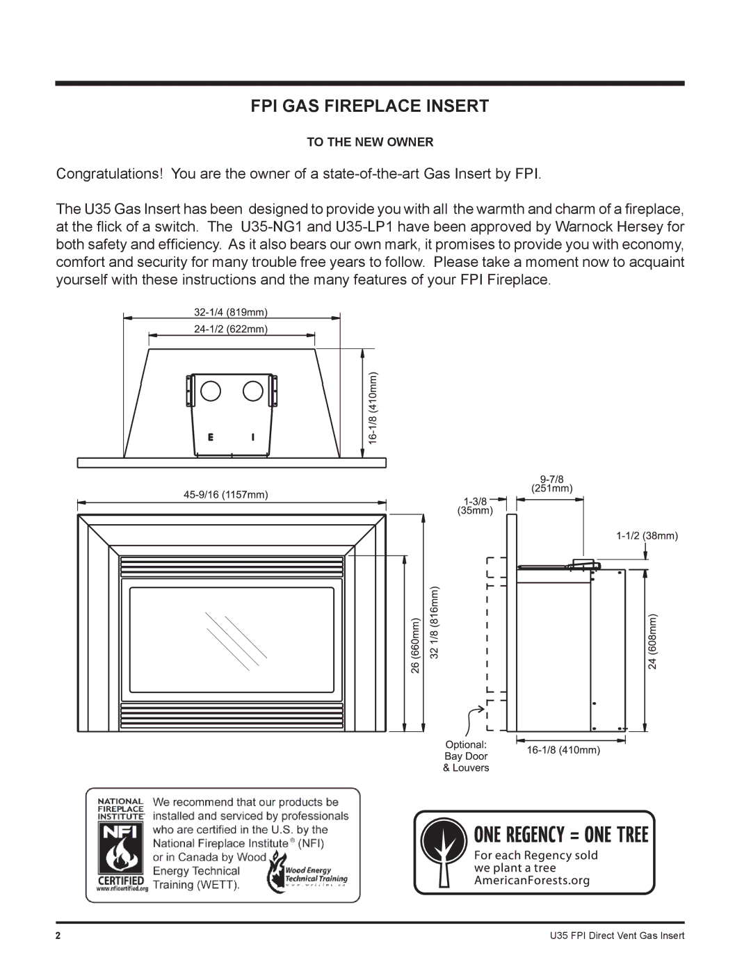 Regency U35-NG1, U35-LP1 installation manual FPI GAS Fireplace Insert, U35 FPI Direct Vent Gas Insert 