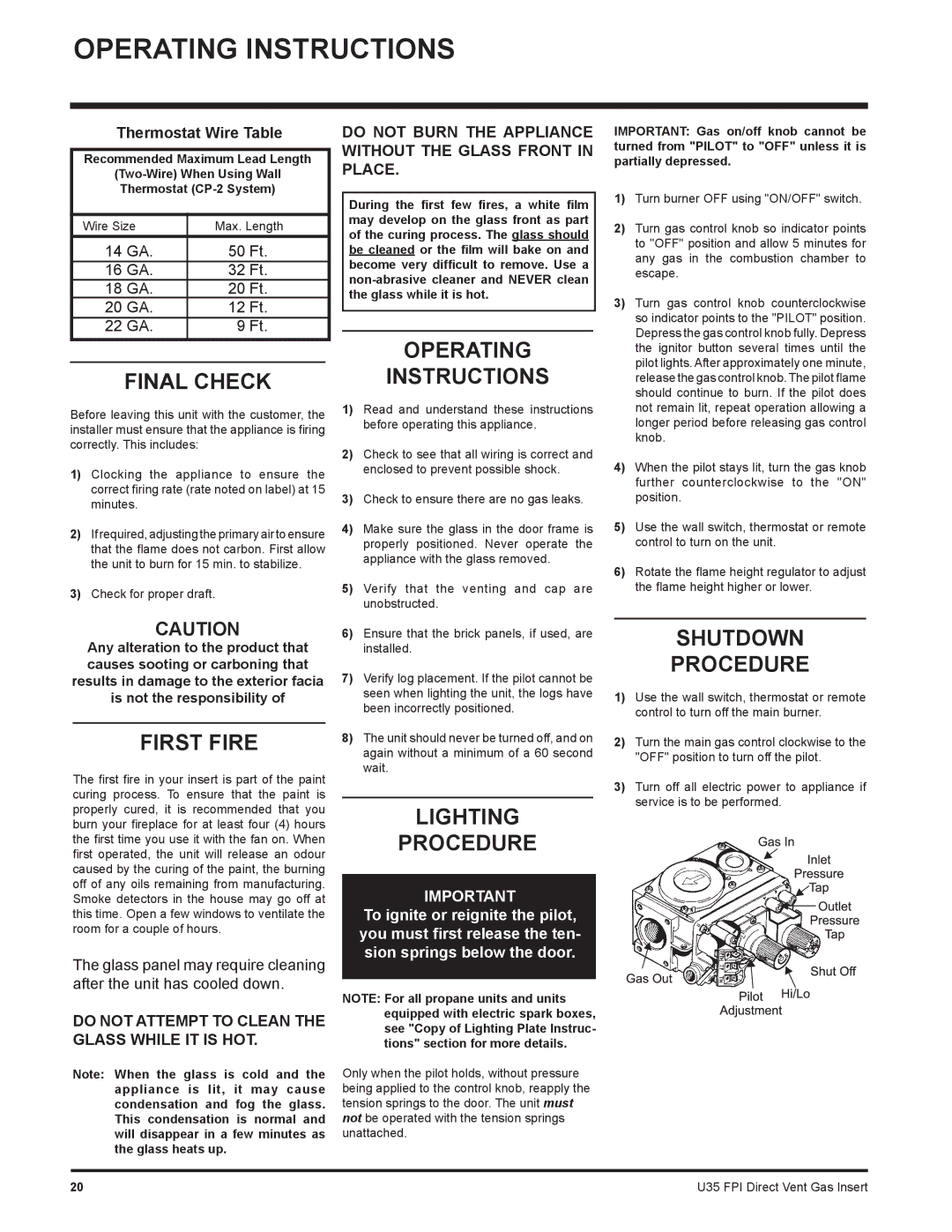 Regency U35-NG1, U35-LP1 installation manual Operating Instructions 