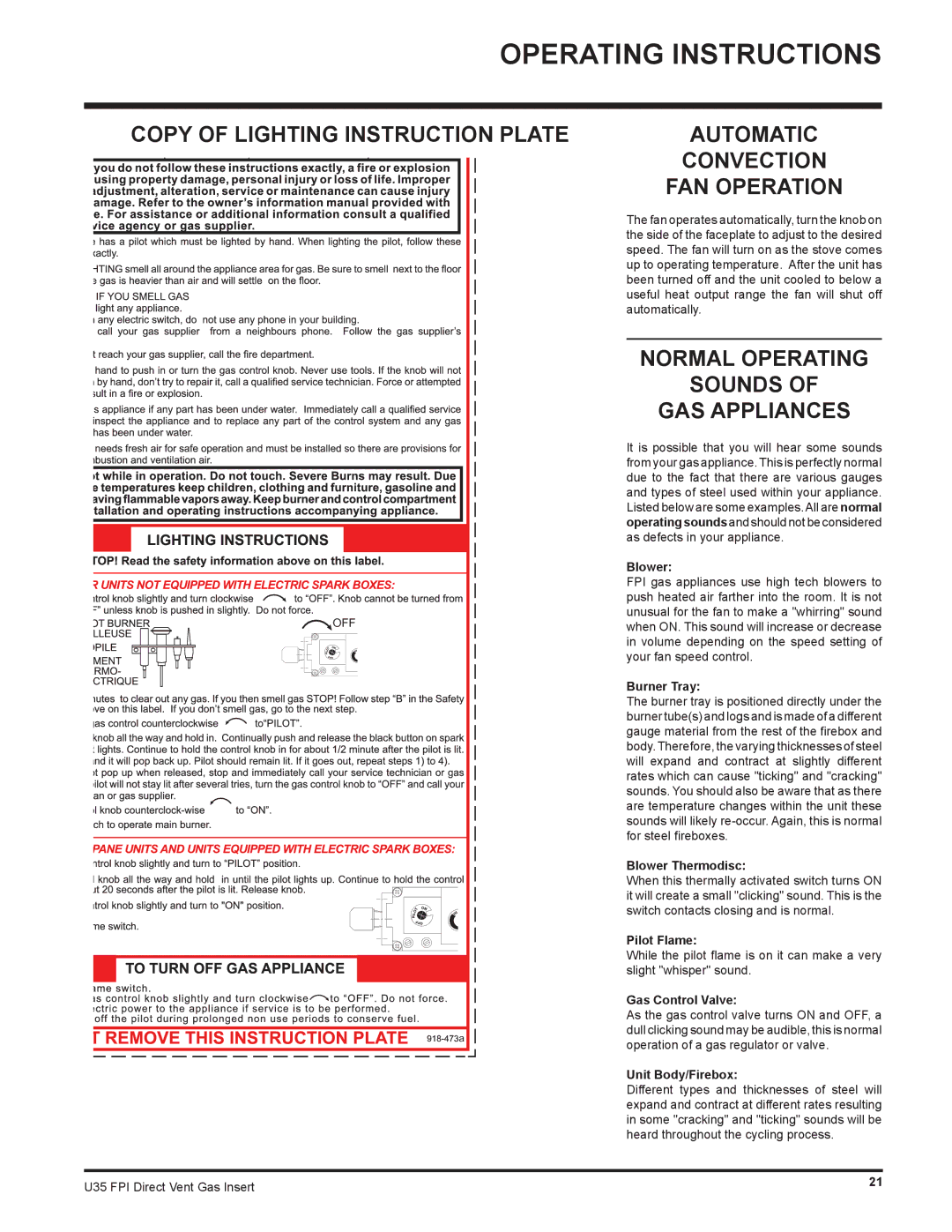 Regency U35-LP1, U35-NG1 installation manual Copy of Lighting Instruction Plate, Automatic Convection FAN Operation 