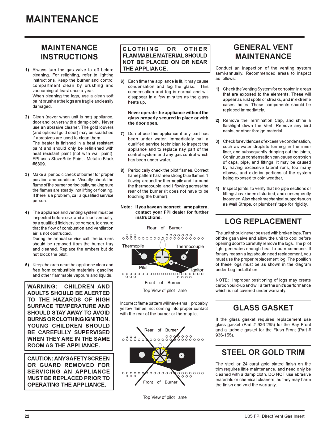 Regency U35-NG1, U35-LP1 installation manual Maintenance 