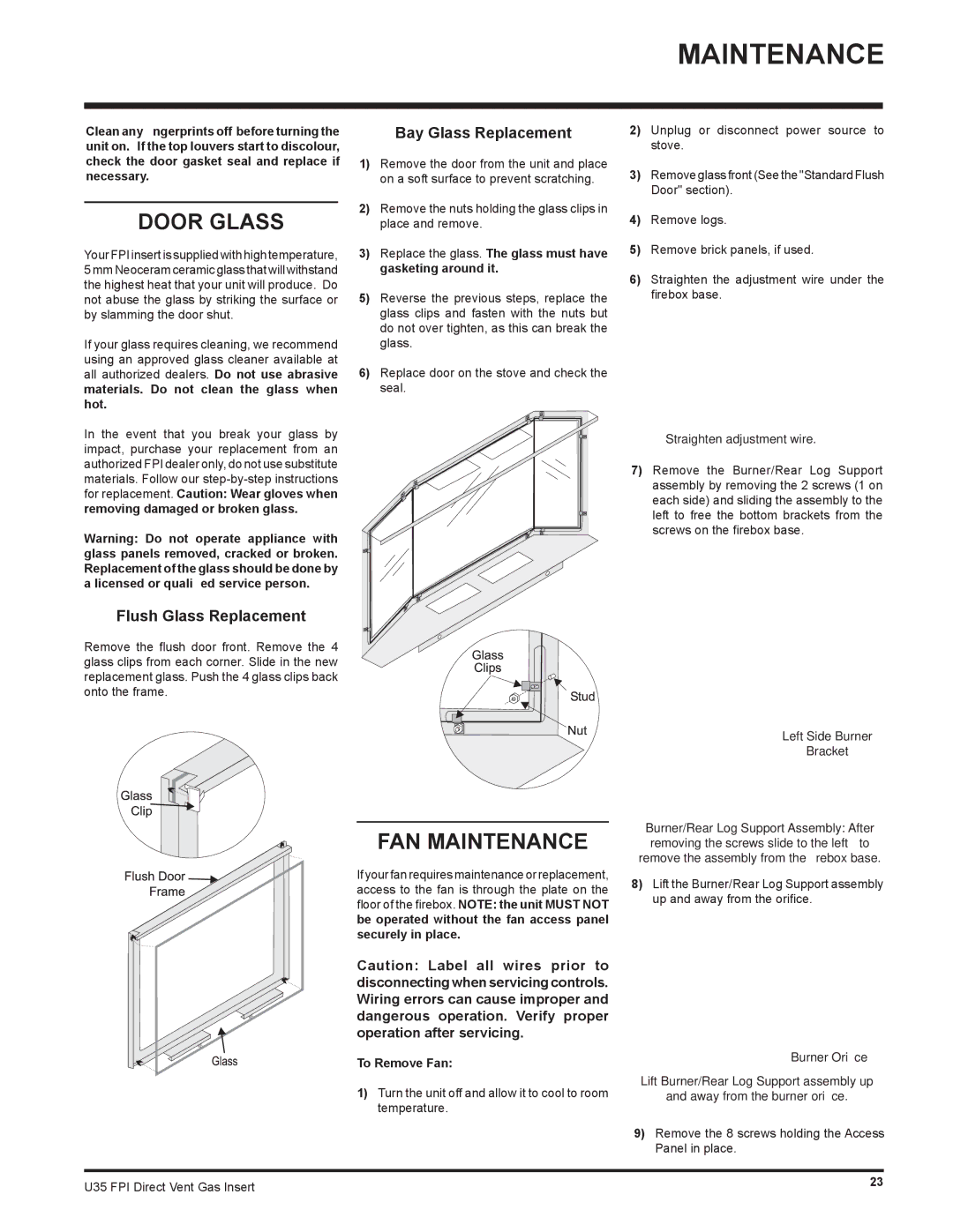 Regency U35-LP1, U35-NG1 Door Glass, FAN Maintenance, Flush Glass Replacement, Bay Glass Replacement, To Remove Fan 