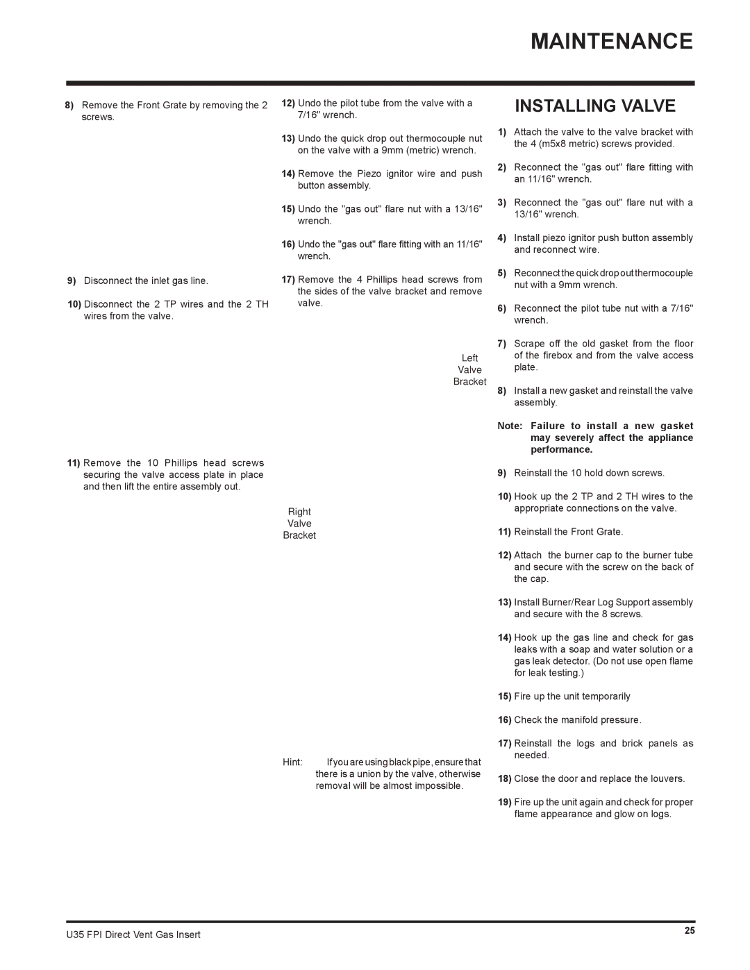 Regency U35-LP1, U35-NG1 installation manual Installing Valve, Left Valve Bracket Right 