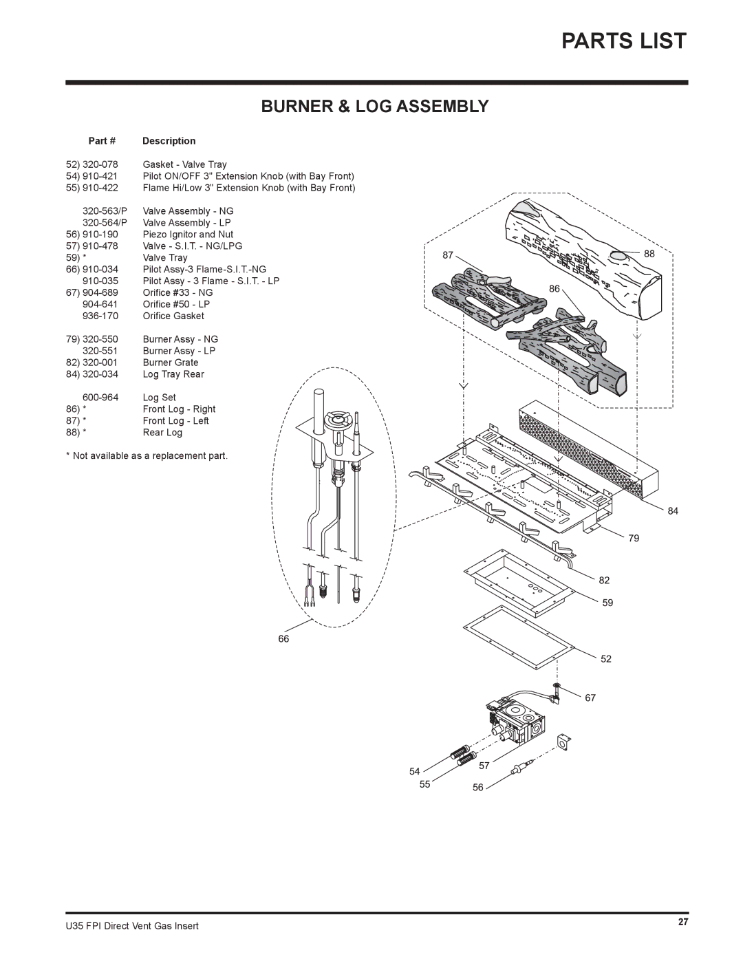 Regency U35-LP1, U35-NG1 installation manual Burner & LOG Assembly 