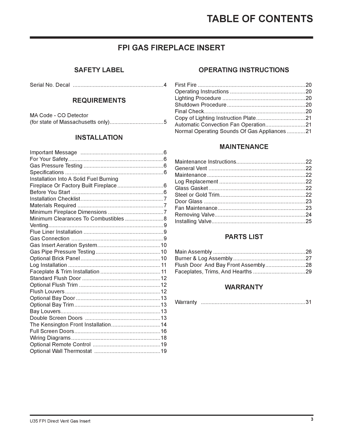 Regency U35-LP1, U35-NG1 installation manual Table of Contents 