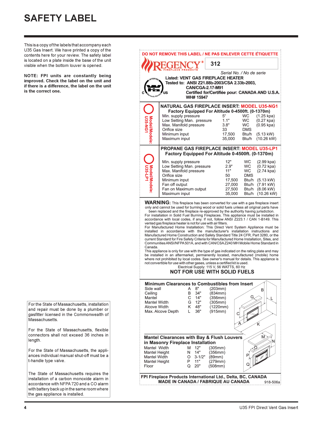 Regency U35-NG1, U35-LP1 installation manual Safety Label 