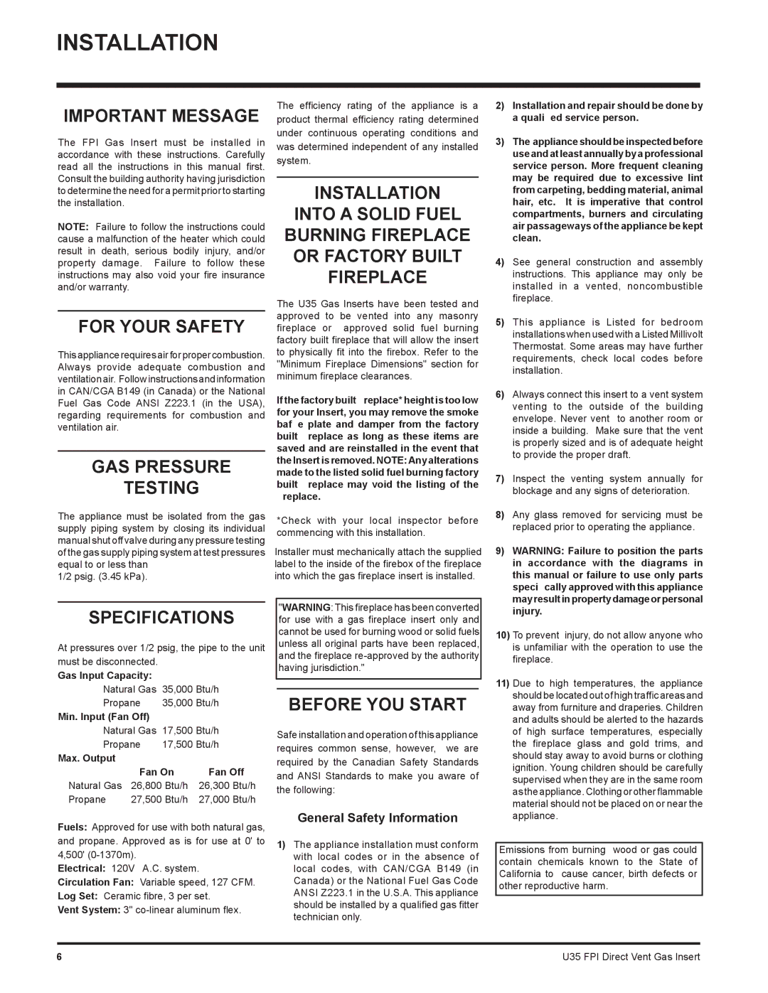 Regency U35-NG1, U35-LP1 installation manual Installation 