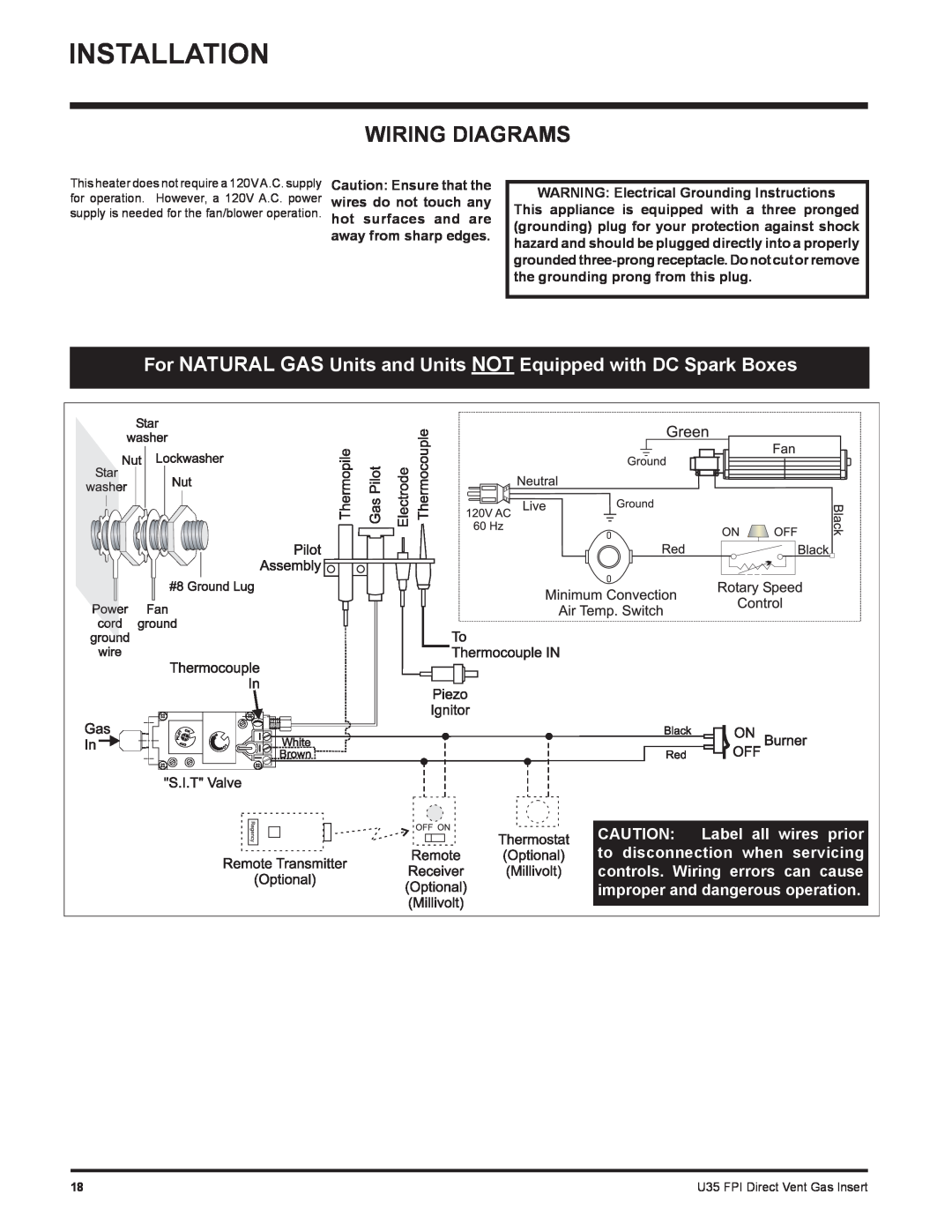 Regency U35-NG1, U35-LP1 installation manual Wiring Diagrams, WARNING Electrical Grounding Instructions 