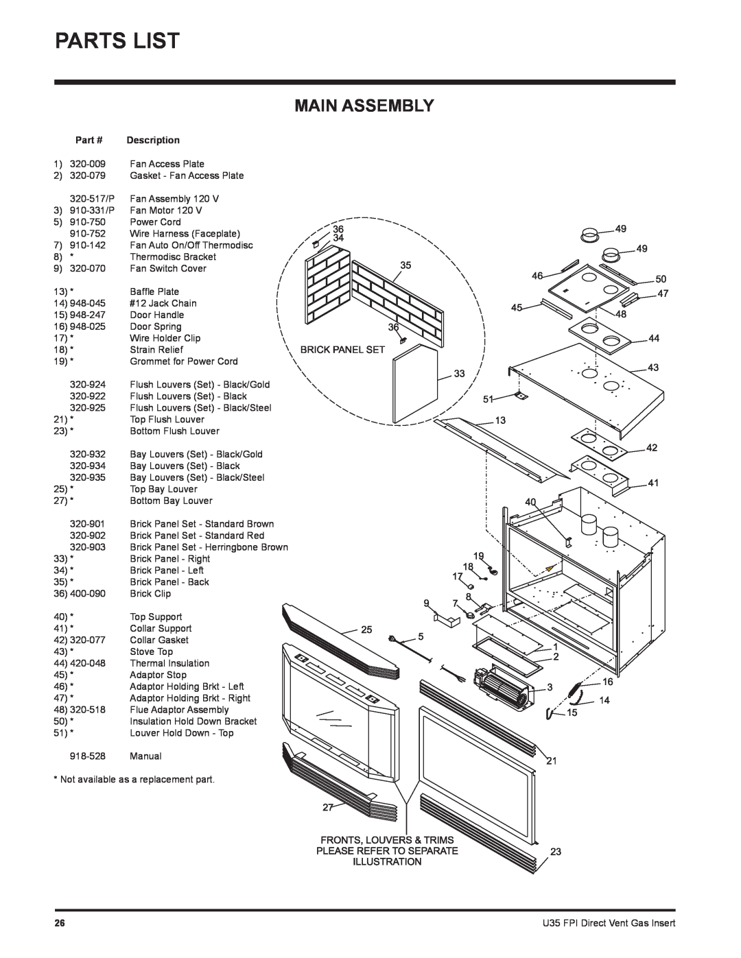 Regency U35-NG1, U35-LP1 installation manual Parts List, Main Assembly, U35 FPI Direct Vent Gas Insert 