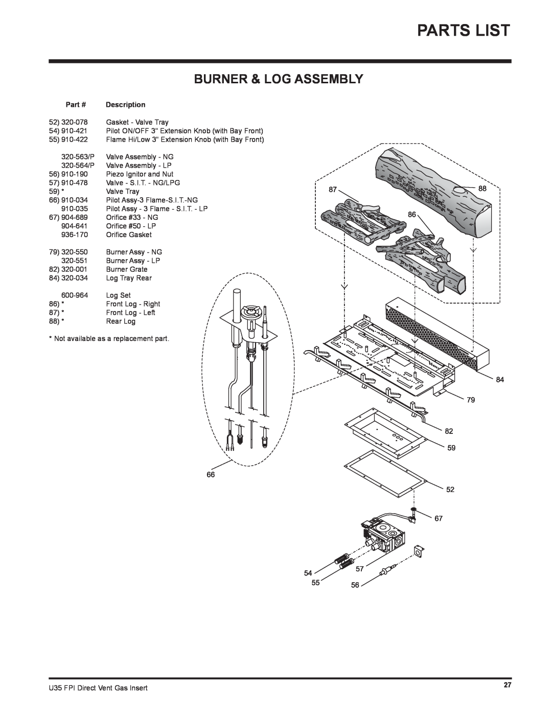 Regency U35-LP1, U35-NG1 installation manual Burner & Log Assembly, Description 