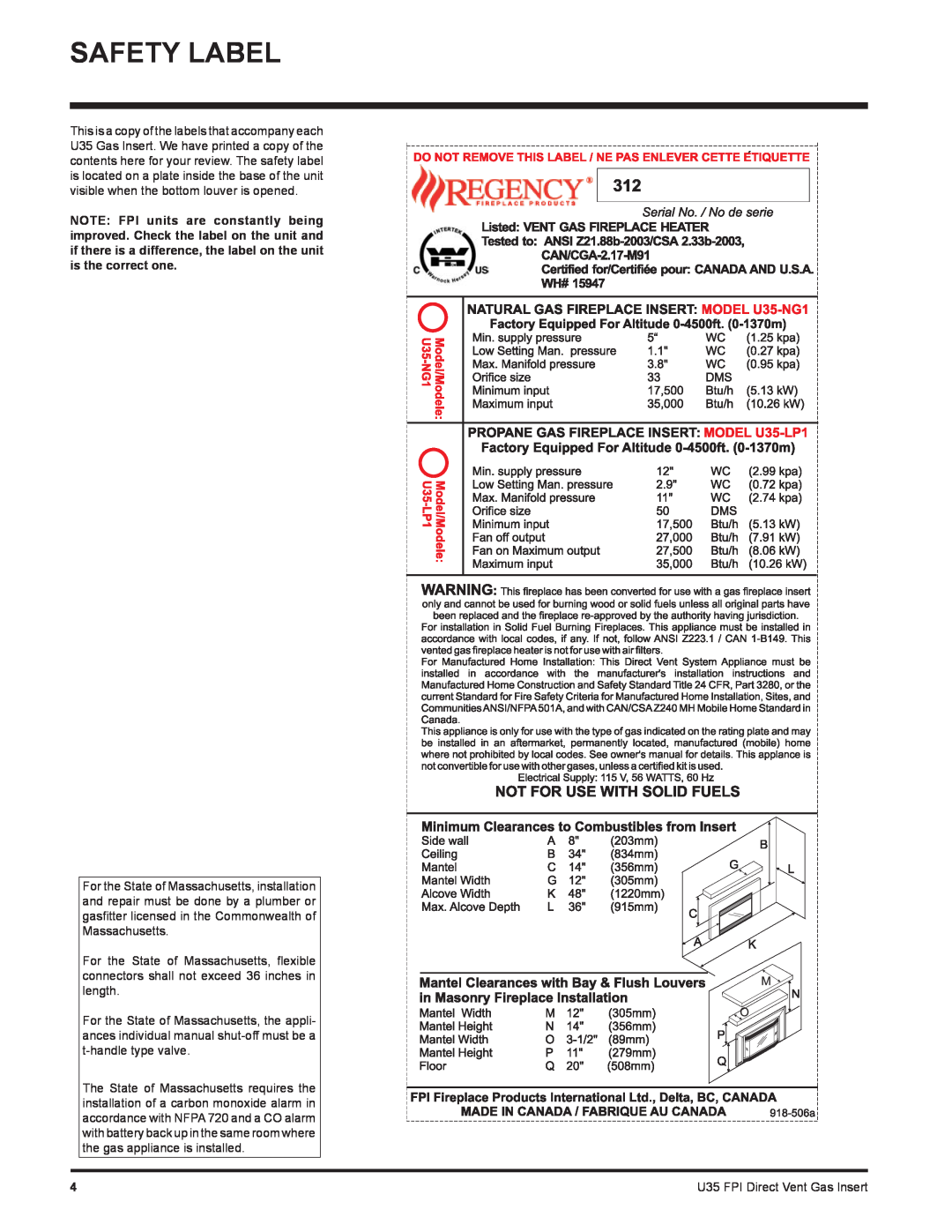 Regency U35-NG1, U35-LP1 installation manual Safety Label, U35 FPI Direct Vent Gas Insert 