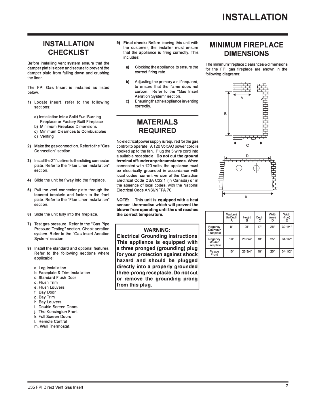 Regency U35-LP1, U35-NG1 installation manual Installation Checklist, Materials Required, Minimum Fireplace Dimensions 
