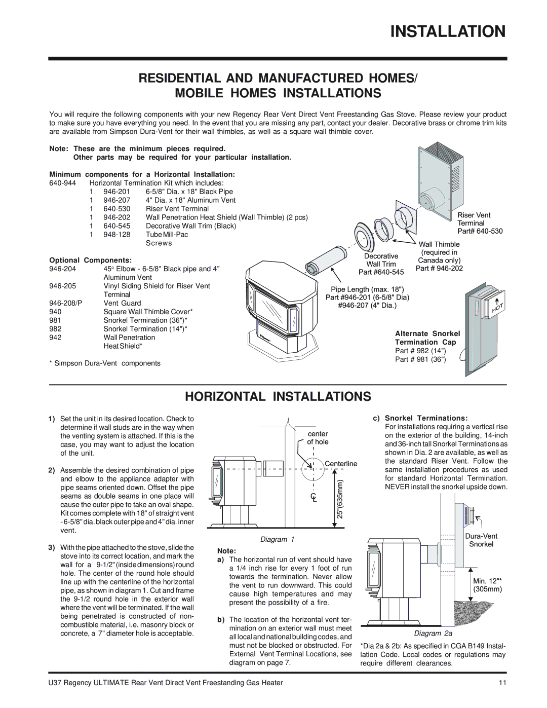 Regency U37-NG NATURAL GAS Horizontal Installations, Optional Components, Alternate Snorkel Termination Cap 