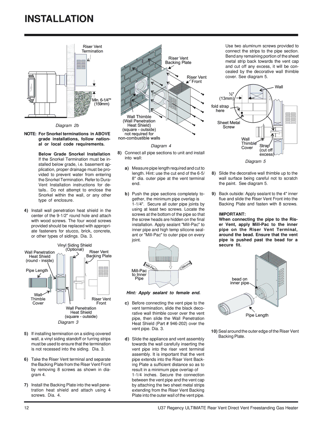 Regency U37-LP PROPANE, U37-NG NATURAL GAS installation manual Hint Apply sealant to female end 