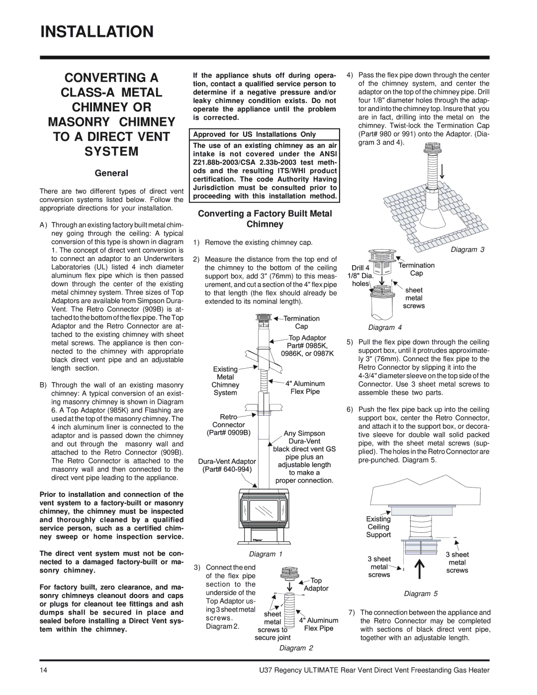 Regency U37-LP PROPANE, U37-NG NATURAL GAS installation manual General, Converting a Factory Built Metal Chimney 