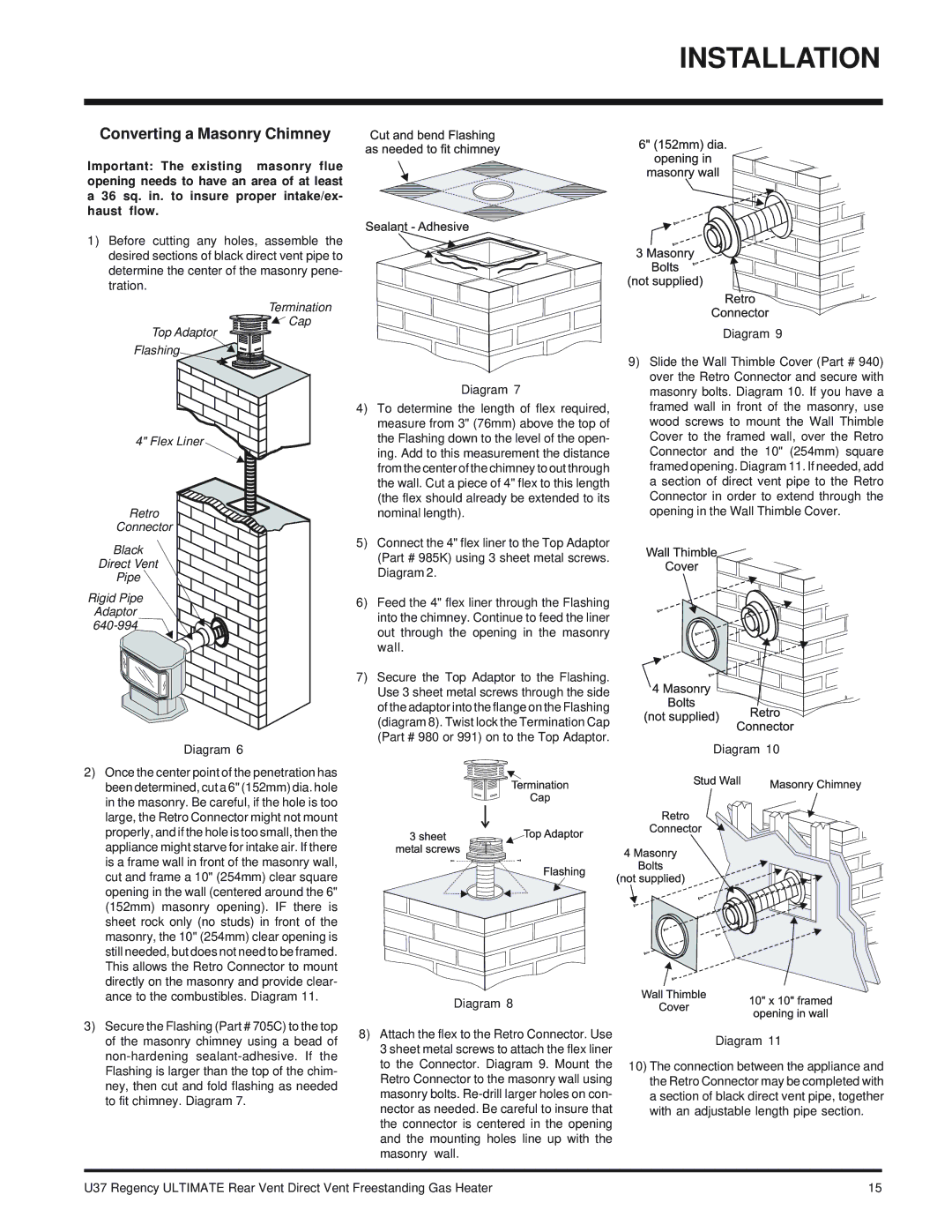 Regency U37-NG NATURAL GAS, U37-LP PROPANE installation manual Converting a Masonry Chimney 