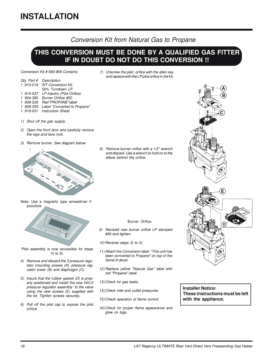 Regency U37-LP PROPANE, U37-NG NATURAL GAS installation manual Conversion Kit from Natural Gas to Propane 