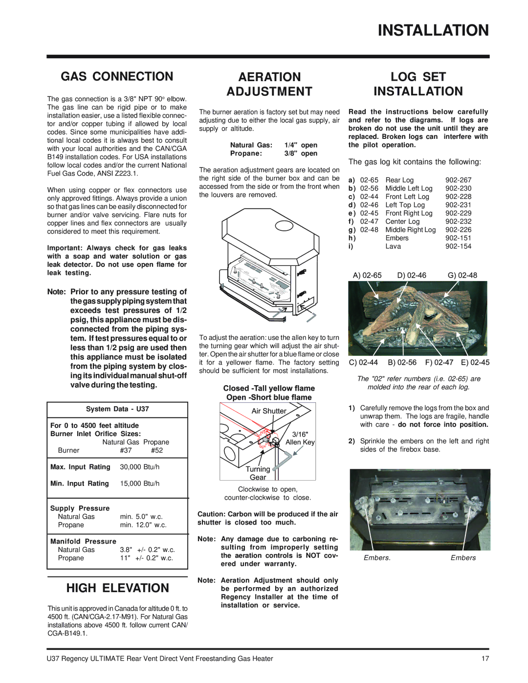 Regency U37-NG NATURAL GAS, U37-LP PROPANE GAS Connection, High Elevation, Aeration Adjustment, LOG SET Installation 