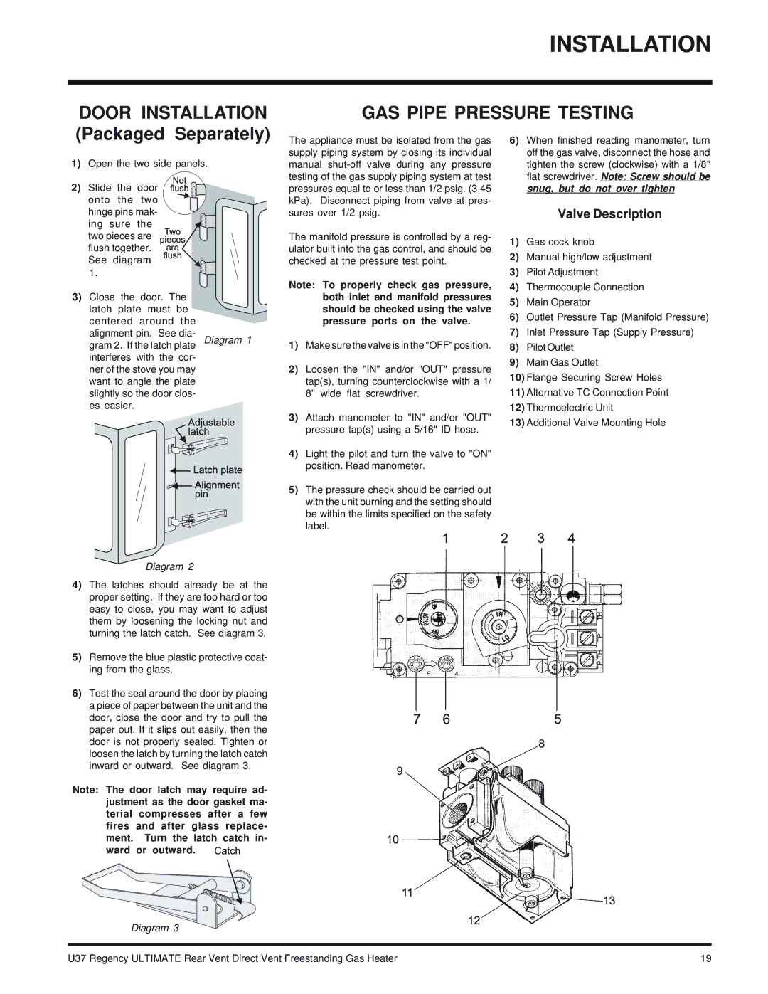 Regency U37-NG NATURAL GAS, U37-LP PROPANE installation manual GAS Pipe Pressure Testing, Valve Description 