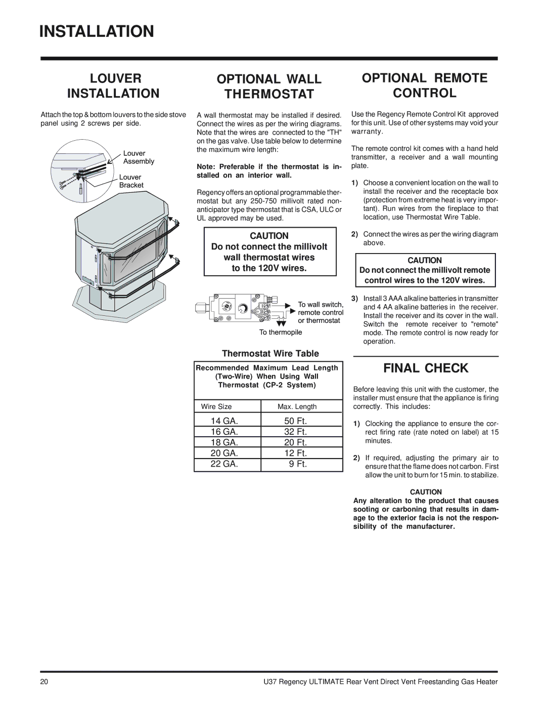 Regency U37-LP PROPANE, U37-NG NATURAL GAS installation manual Optional Remote, Control, Final Check 