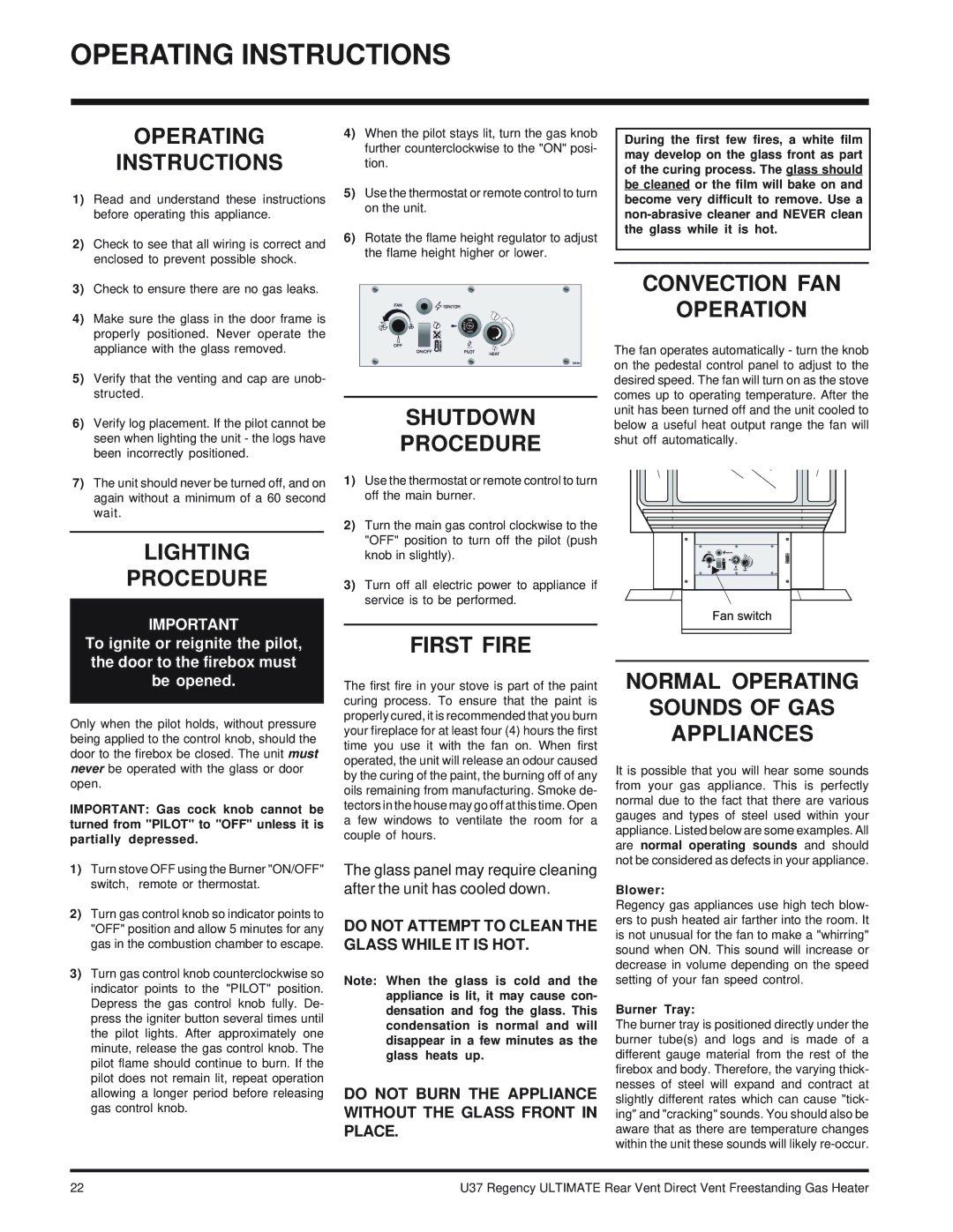 Regency U37-LP PROPANE, U37-NG NATURAL GAS installation manual Operating Instructions 