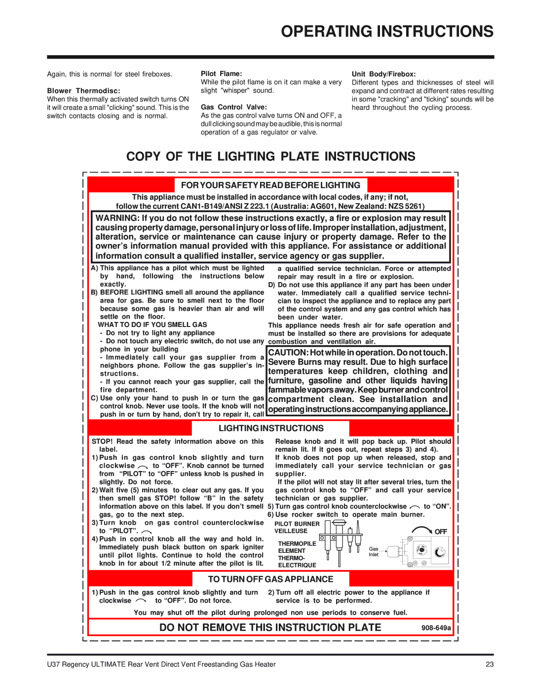 Regency U37-NG NATURAL GAS, U37-LP PROPANE Copy of the Lighting Plate Instructions, Temperatures keep children, clothing 