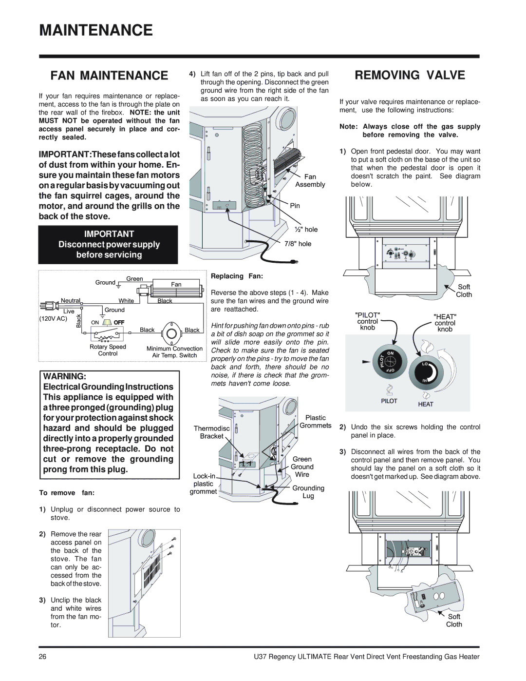 Regency U37-LP PROPANE FAN Maintenance, Removing Valve, Before removing the valve, To remove fan, Replacing Fan 