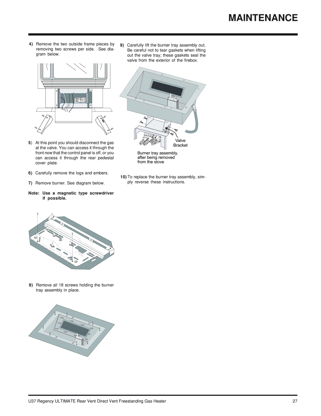 Regency U37-NG NATURAL GAS, U37-LP PROPANE installation manual Maintenance 