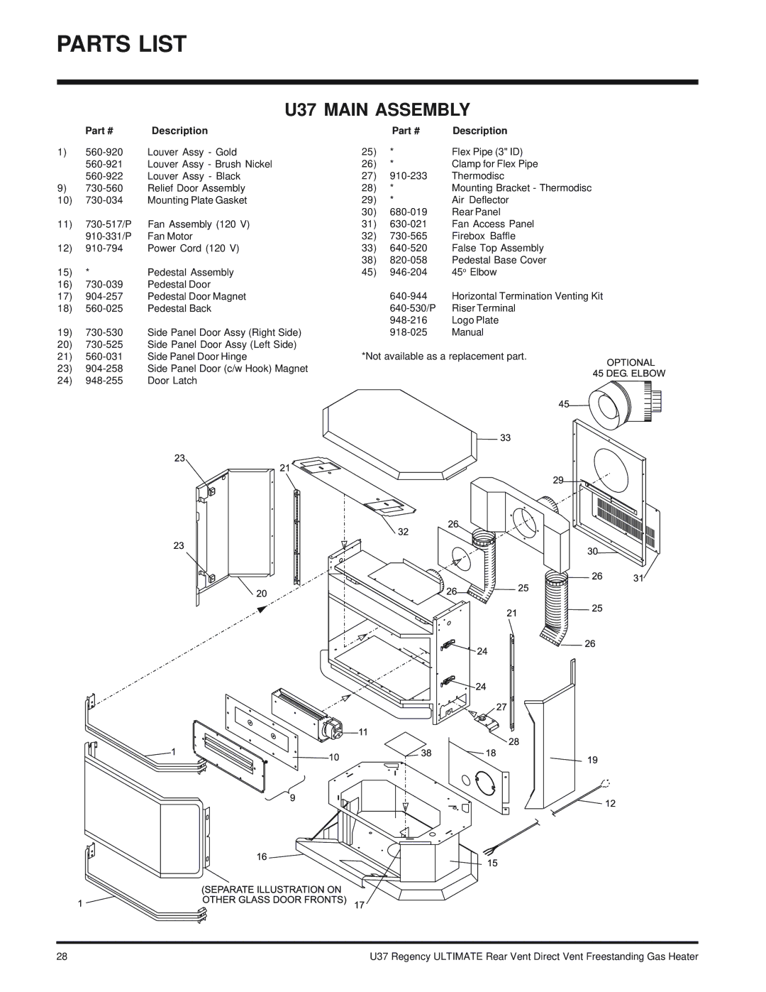 Regency U37-LP PROPANE, U37-NG NATURAL GAS installation manual Parts List, U37 Main Assembly 